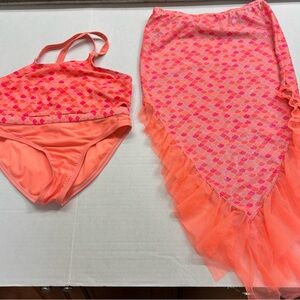 Wonder Nation mermaid 3 piece swimsuit orange pink L 10/12